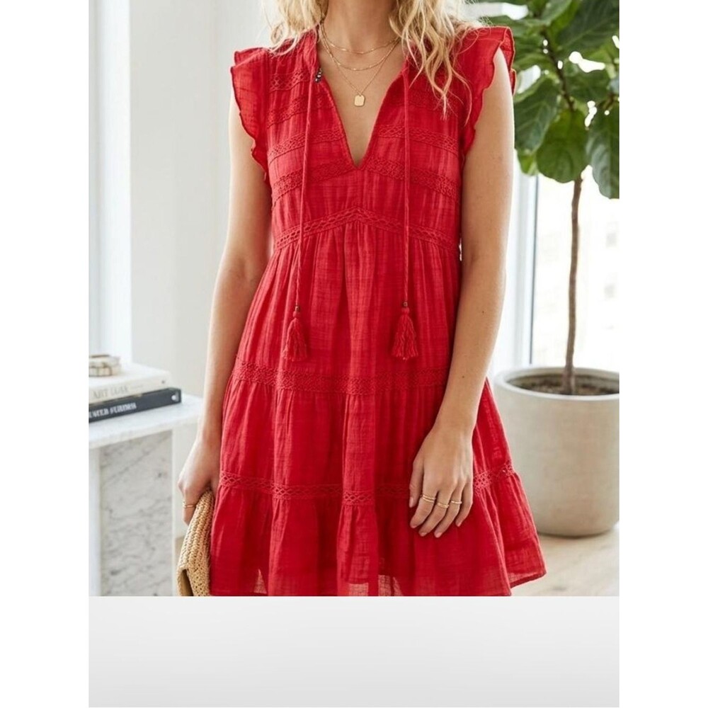 Knox Rose Vibrant Red V-Neck Tiered Mini Dress with Tassels
